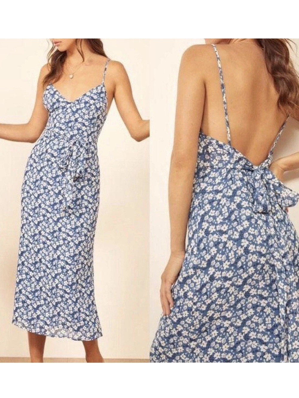 Reformation Dietrich blue ditsy floral front/back tie midi dress